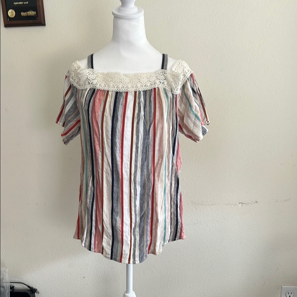 Style & Co. Pink and Black Flutter Sleeve Blouse